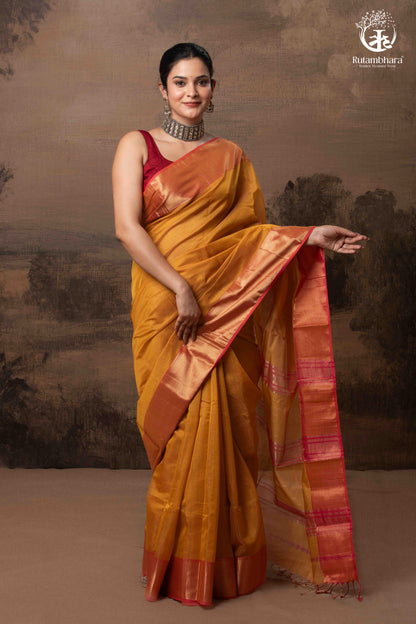 RAASTA - MUSTARD WITH DEEP PINK SELVEDGE AND GOLD ZARI CHATAI BORDER-RUTAMBHARA-RUTAMBHARA