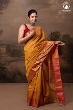 RAASTA - MUSTARD WITH DEEP PINK SELVEDGE AND GOLD ZARI CHATAI BORDER-RUTAMBHARA-RUTAMBHARA