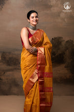 RAASTA - MUSTARD WITH DEEP PINK SELVEDGE AND GOLD ZARI CHATAI BORDER-RUTAMBHARA-RUTAMBHARA