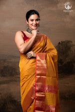 RAASTA - MUSTARD WITH DEEP PINK SELVEDGE AND GOLD ZARI CHATAI BORDER-RUTAMBHARA-RUTAMBHARA