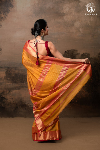 RAASTA - MUSTARD WITH DEEP PINK SELVEDGE AND GOLD ZARI CHATAI BORDER-RUTAMBHARA-RUTAMBHARA