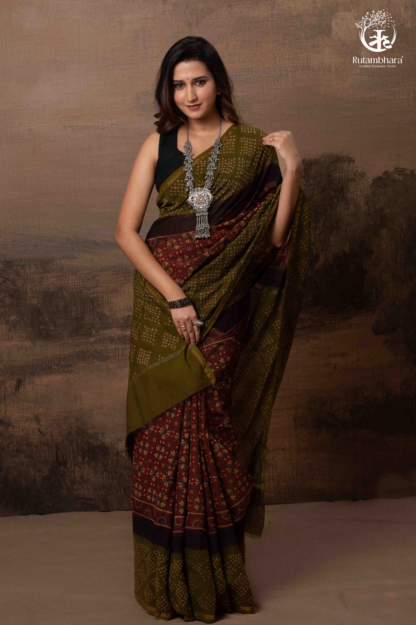 Handcrafted Ajrakh and Bandhani Chanderi Saree