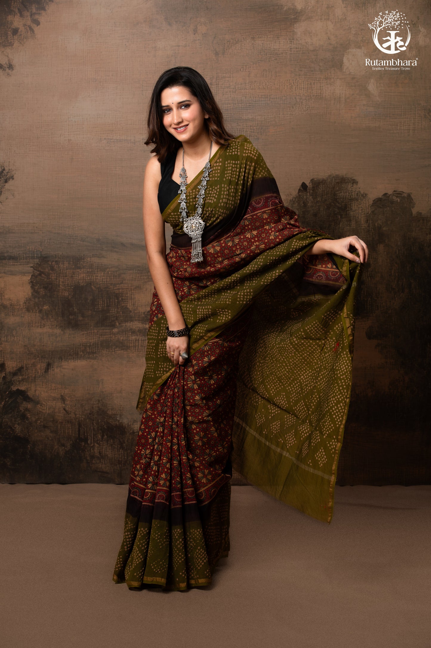 Handcrafted Ajrakh and Bandhani Chanderi Saree