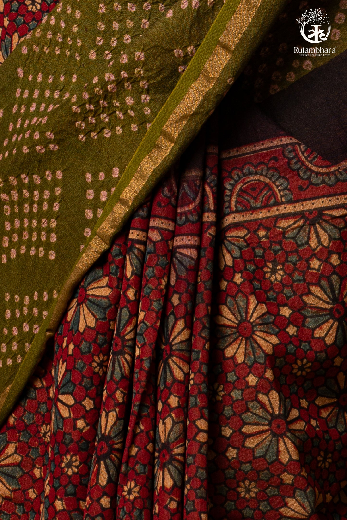 Handcrafted Ajrakh and Bandhani Chanderi Saree