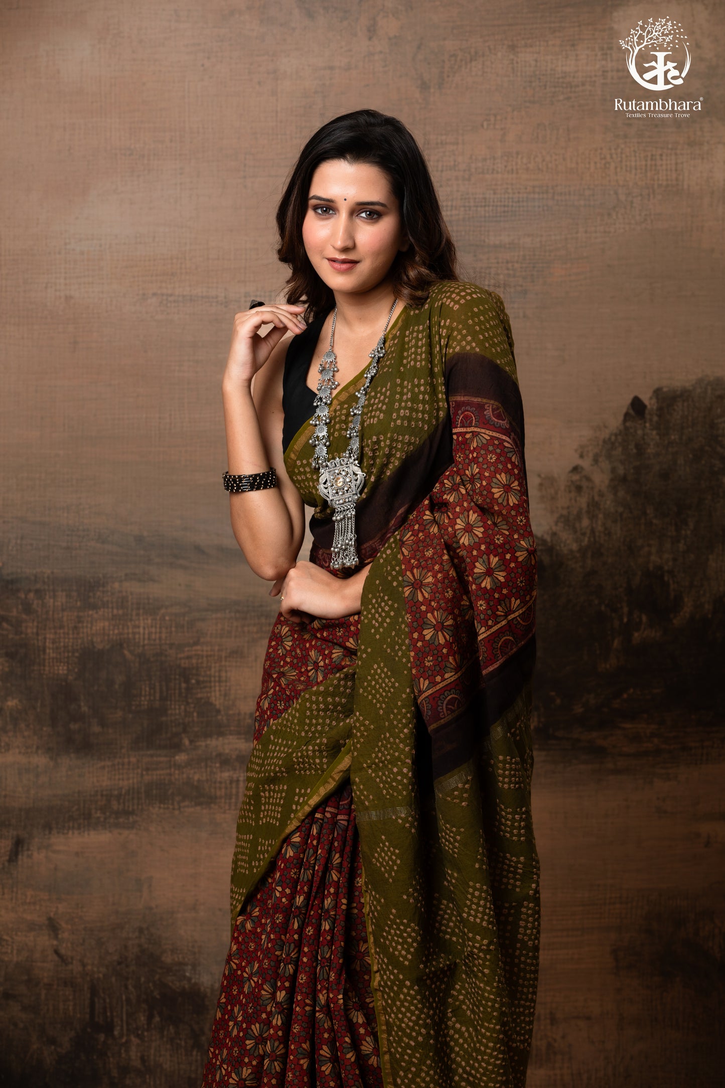 Handcrafted Ajrakh and Bandhani Chanderi Saree