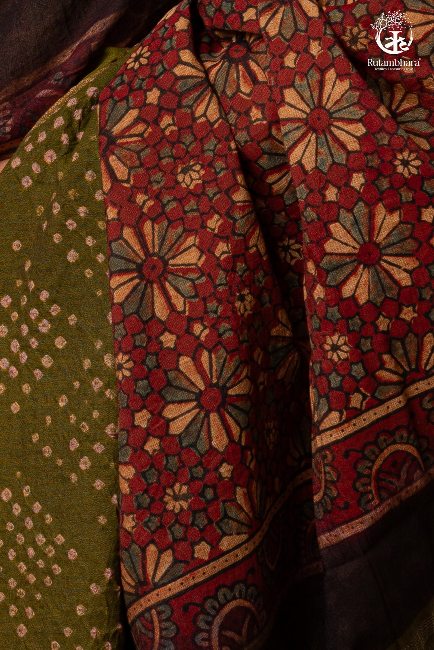 Handcrafted Ajrakh and Bandhani Chanderi Saree