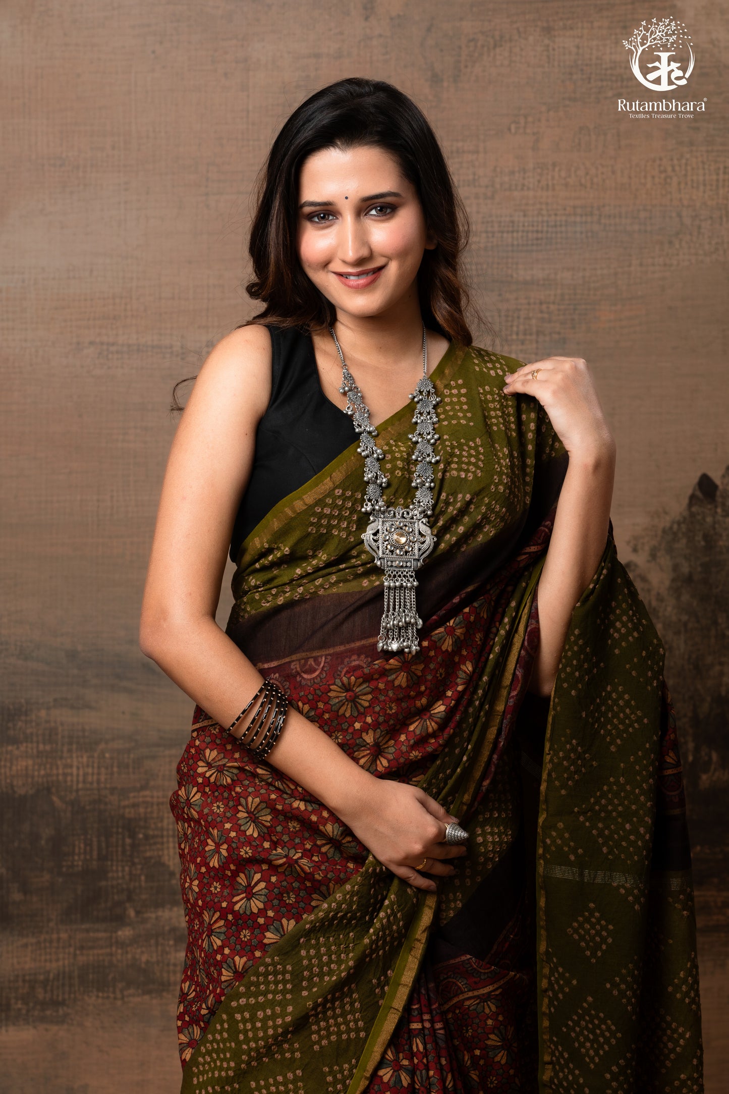Handcrafted Ajrakh and Bandhani Chanderi Saree