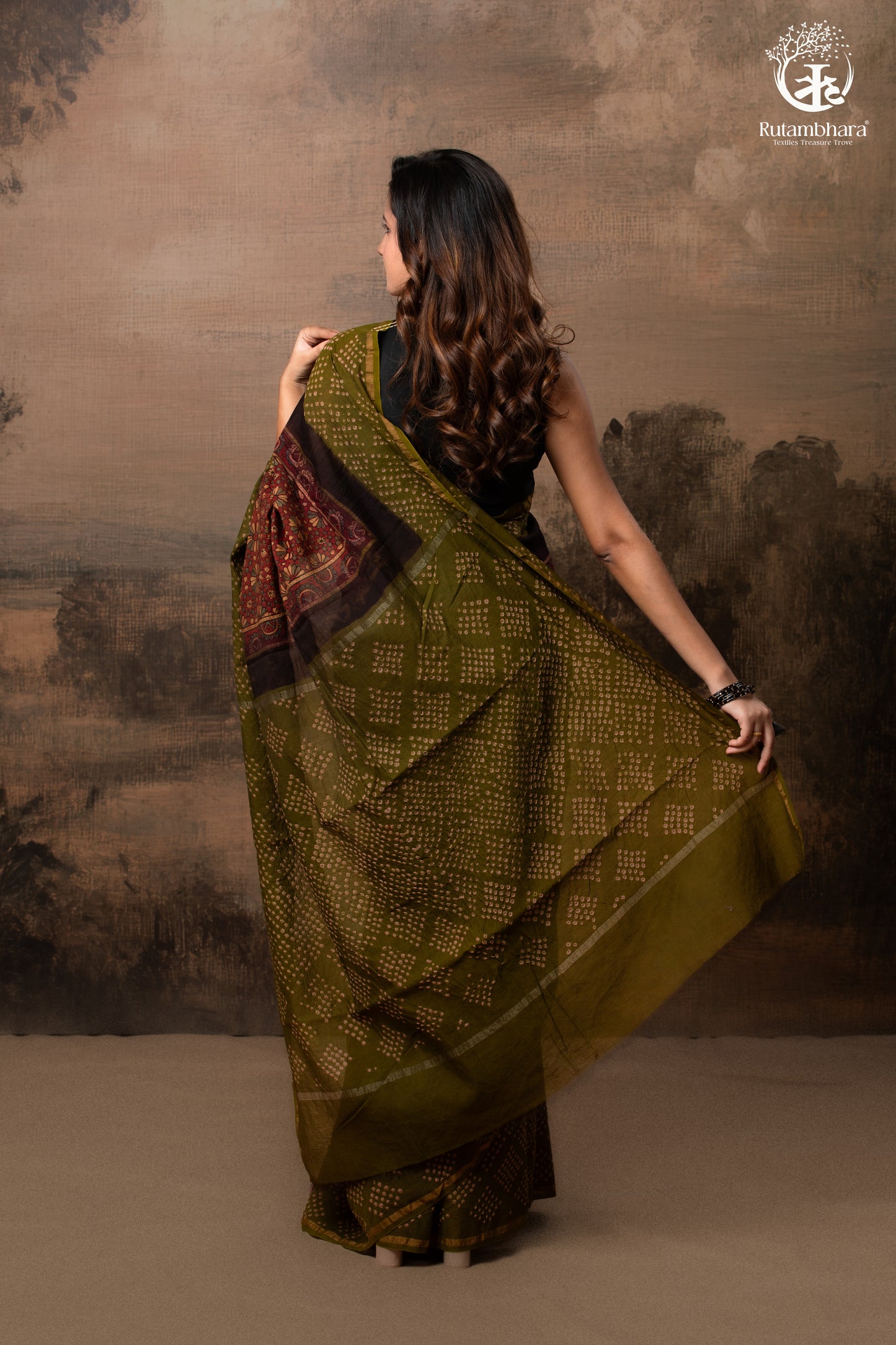 Handcrafted Ajrakh and Bandhani Chanderi Saree