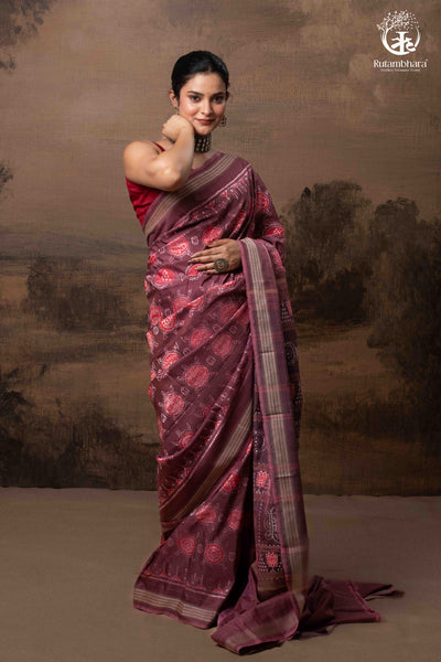 SAMBALPURI IKAT NATURAL DYES SAREE IN PURE SILK -4/3 PLY PURE MULBERRY SILK - ONION PINK-RUTAMBHARA-RUTAMBHARA
