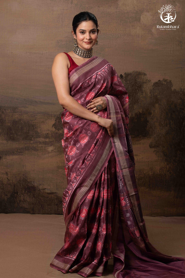SAMBALPURI IKAT NATURAL DYES SAREE IN PURE SILK -4/3 PLY PURE MULBERRY SILK - ONION PINK-RUTAMBHARA-RUTAMBHARA