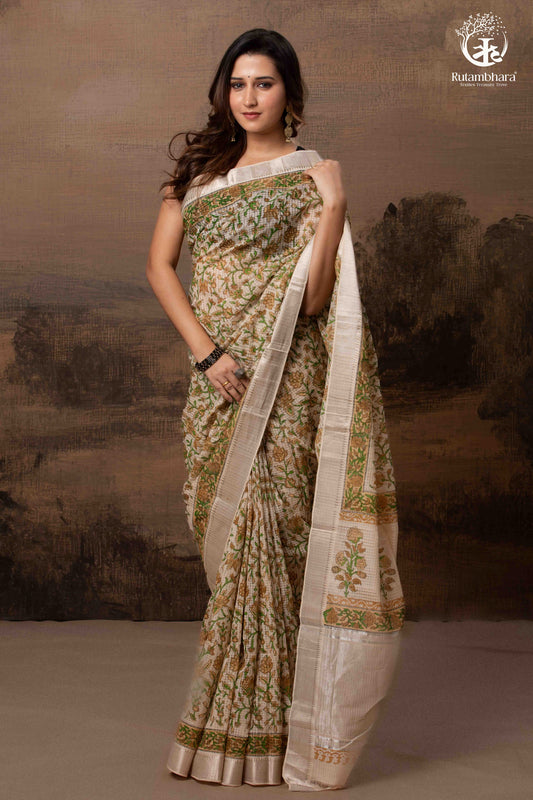 SIYAHI - BEIGE HANDWOVEN HAND BLOCK PRINTED GOLD ZARI BORDER COTTON SAREE