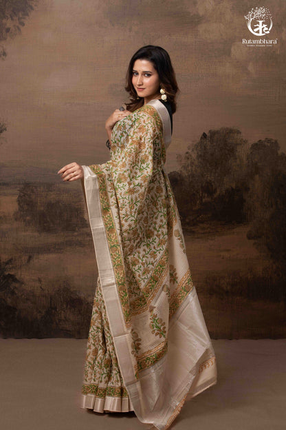 SIYAHI - BEIGE HANDWOVEN HAND BLOCK PRINTED GOLD ZARI BORDER COTTON SAREE-RUTAMBHARA-RUTAMBHARA