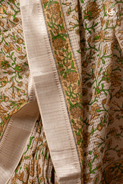SIYAHI - BEIGE HANDWOVEN HAND BLOCK PRINTED GOLD ZARI BORDER COTTON SAREE-RUTAMBHARA-RUTAMBHARA