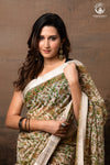 SIYAHI - BEIGE HANDWOVEN HAND BLOCK PRINTED GOLD ZARI BORDER COTTON SAREE