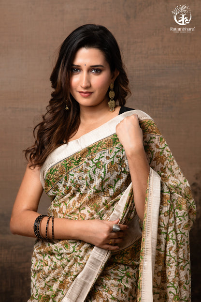 SIYAHI - BEIGE HANDWOVEN HAND BLOCK PRINTED GOLD ZARI BORDER COTTON SAREE-RUTAMBHARA-RUTAMBHARA