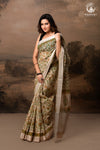 SIYAHI - BEIGE HANDWOVEN HAND BLOCK PRINTED GOLD ZARI BORDER COTTON SAREE