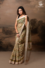 SIYAHI - BEIGE HANDWOVEN HAND BLOCK PRINTED GOLD ZARI BORDER COTTON SAREE-RUTAMBHARA-RUTAMBHARA