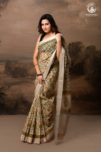 SIYAHI - BEIGE HANDWOVEN HAND BLOCK PRINTED GOLD ZARI BORDER COTTON SAREE-RUTAMBHARA-RUTAMBHARA