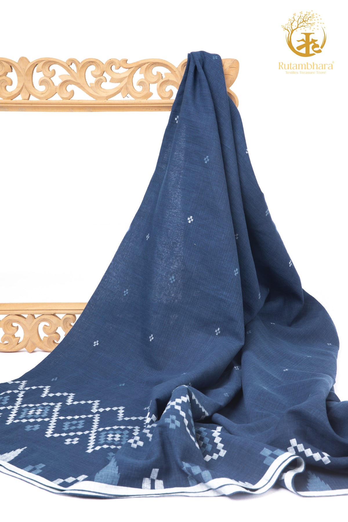 KEESHA - Indigo Broad Border White Buta Jamdani Fabric - Per Metre