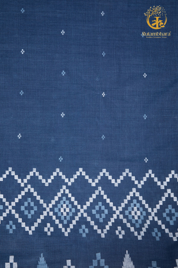 KEESHA - Indigo Broad Border White Buta Jamdani Fabric - Per Metre