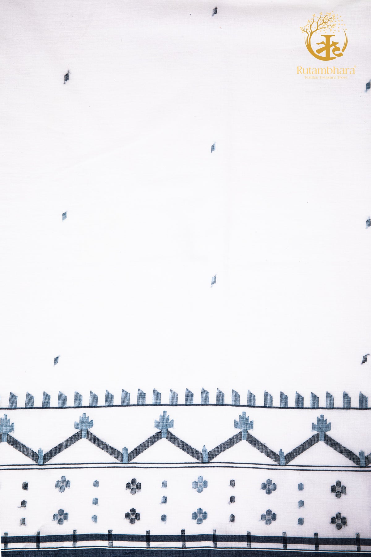 KEESHA - Indigo Border White Jamdani Fabric - Per Metre