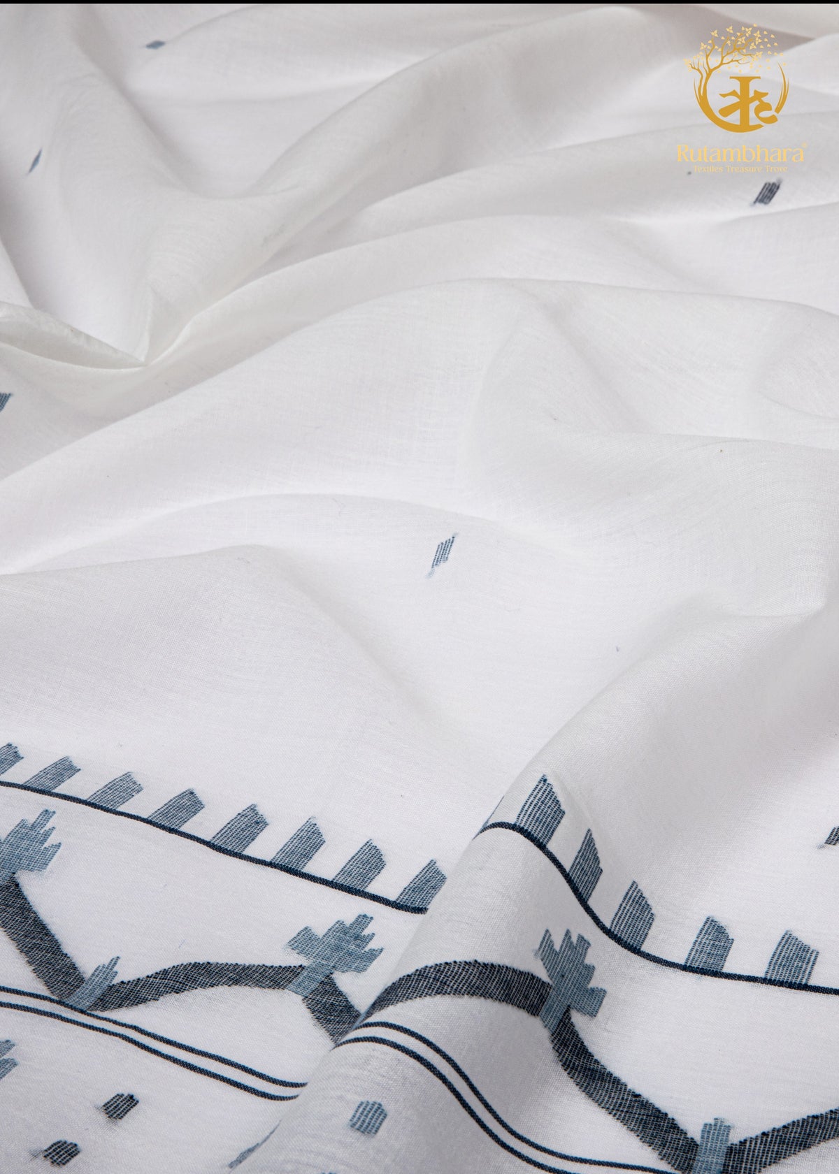 KEESHA - Indigo Border White Jamdani Fabric - Per Metre
