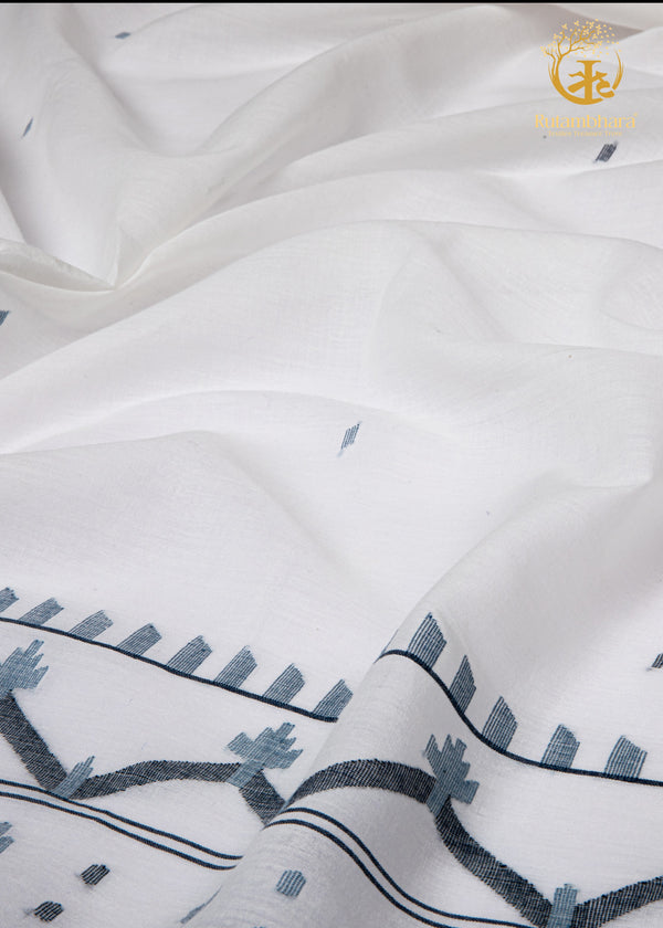 KEESHA - Indigo Border White Jamdani Fabric - Per Metre