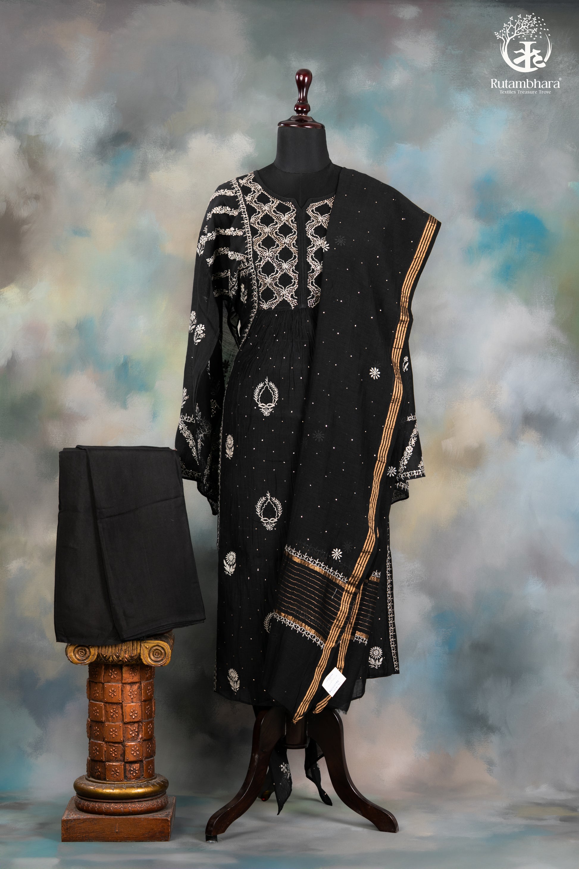 Elegant Hand-Embroidered Lucknowi Suit in Classic Black-RUTAMBHARA -RUTAMBHARA
