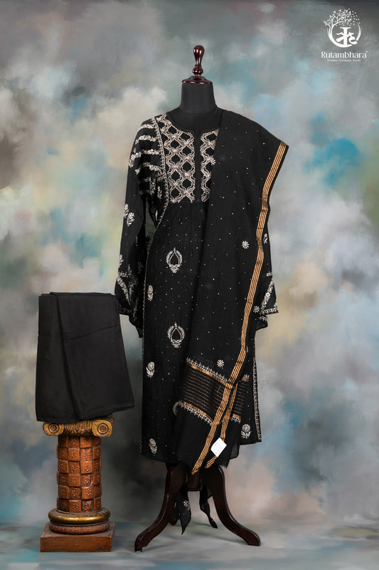 Elegant Hand-Embroidered Lucknowi Suit in Classic Black