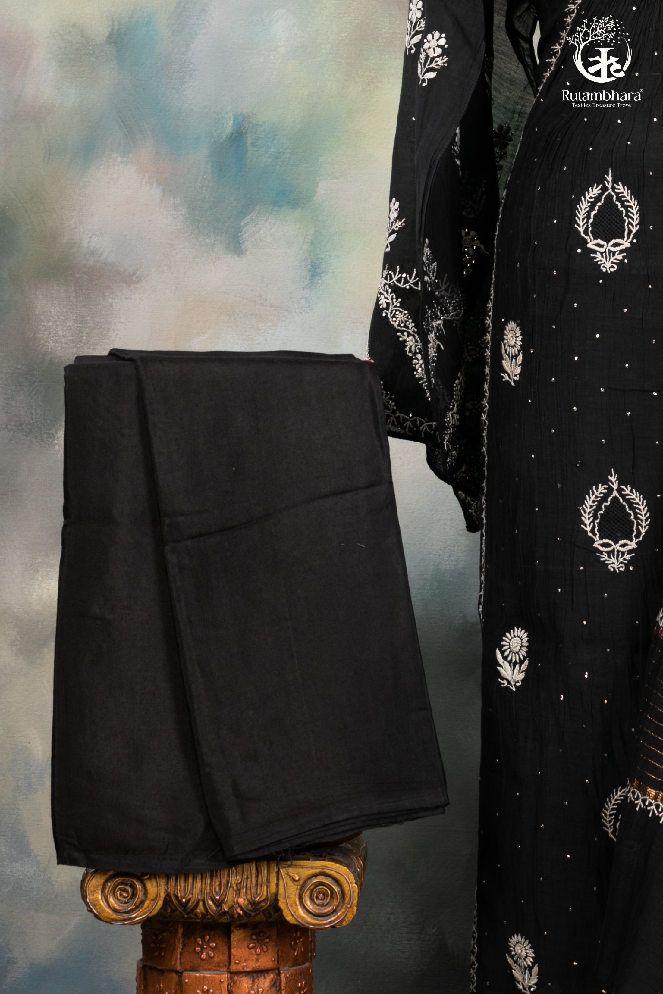 Elegant Hand-Embroidered Lucknowi Suit in Classic Black