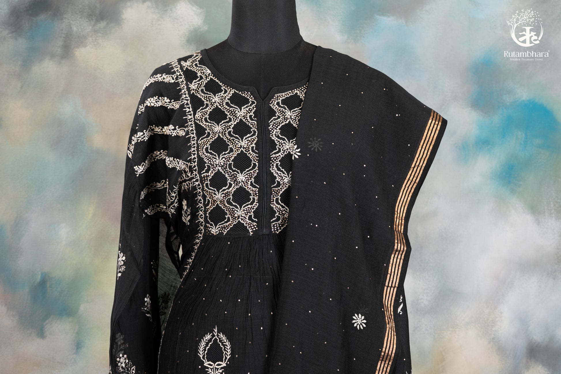 Elegant Hand-Embroidered Lucknowi Suit in Classic Black-RUTAMBHARA -RUTAMBHARA