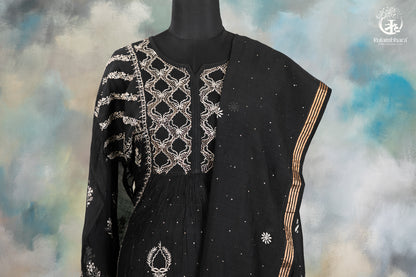Elegant Hand-Embroidered Lucknowi Suit in Classic Black-RUTAMBHARA -RUTAMBHARA