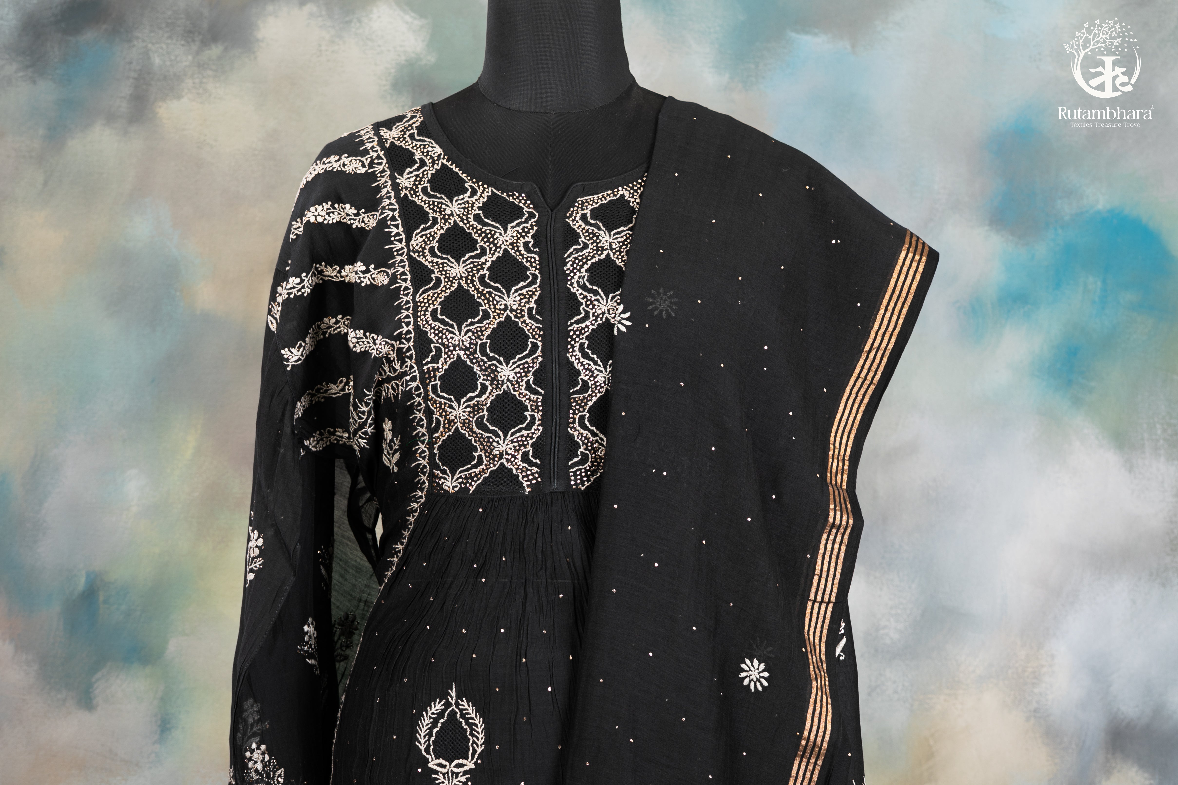 Elegant Hand-Embroidered Lucknowi Suit in Classic Black