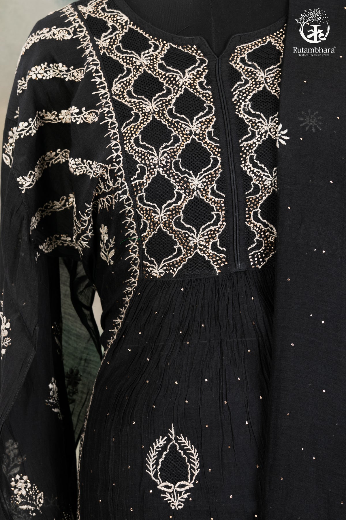 Elegant Hand-Embroidered Lucknowi Suit in Classic Black