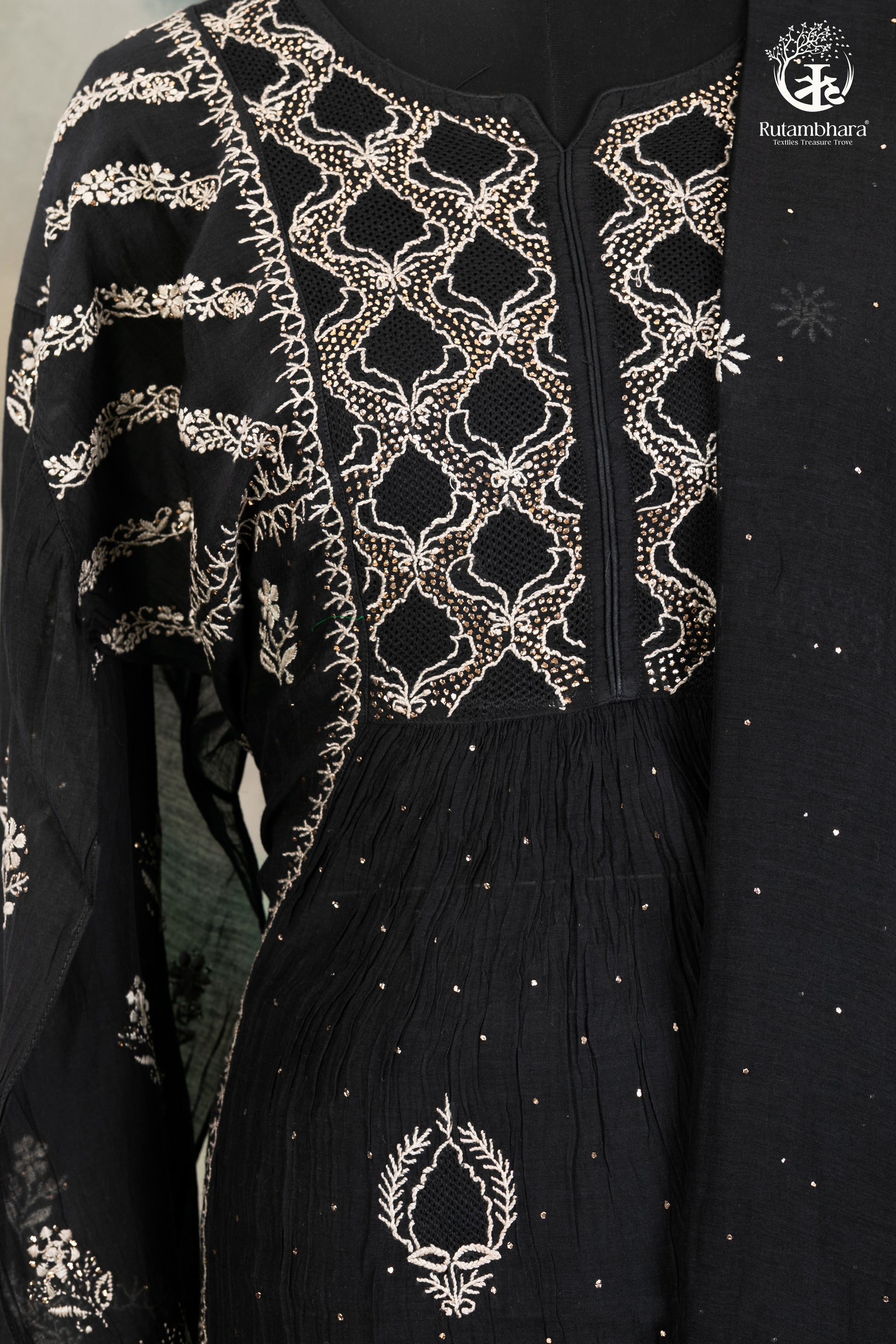 Elegant Hand-Embroidered Lucknowi Suit in Classic Black-RUTAMBHARA -RUTAMBHARA