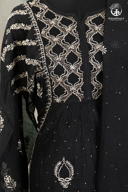 Elegant Hand-Embroidered Lucknowi Suit in Classic Black-RUTAMBHARA -RUTAMBHARA