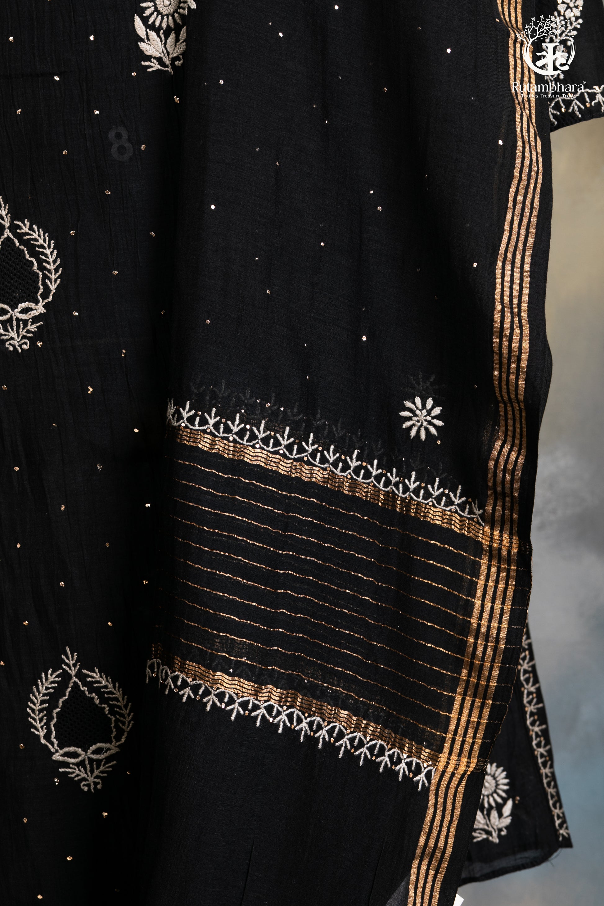 Elegant Hand-Embroidered Lucknowi Suit in Classic Black-RUTAMBHARA -RUTAMBHARA