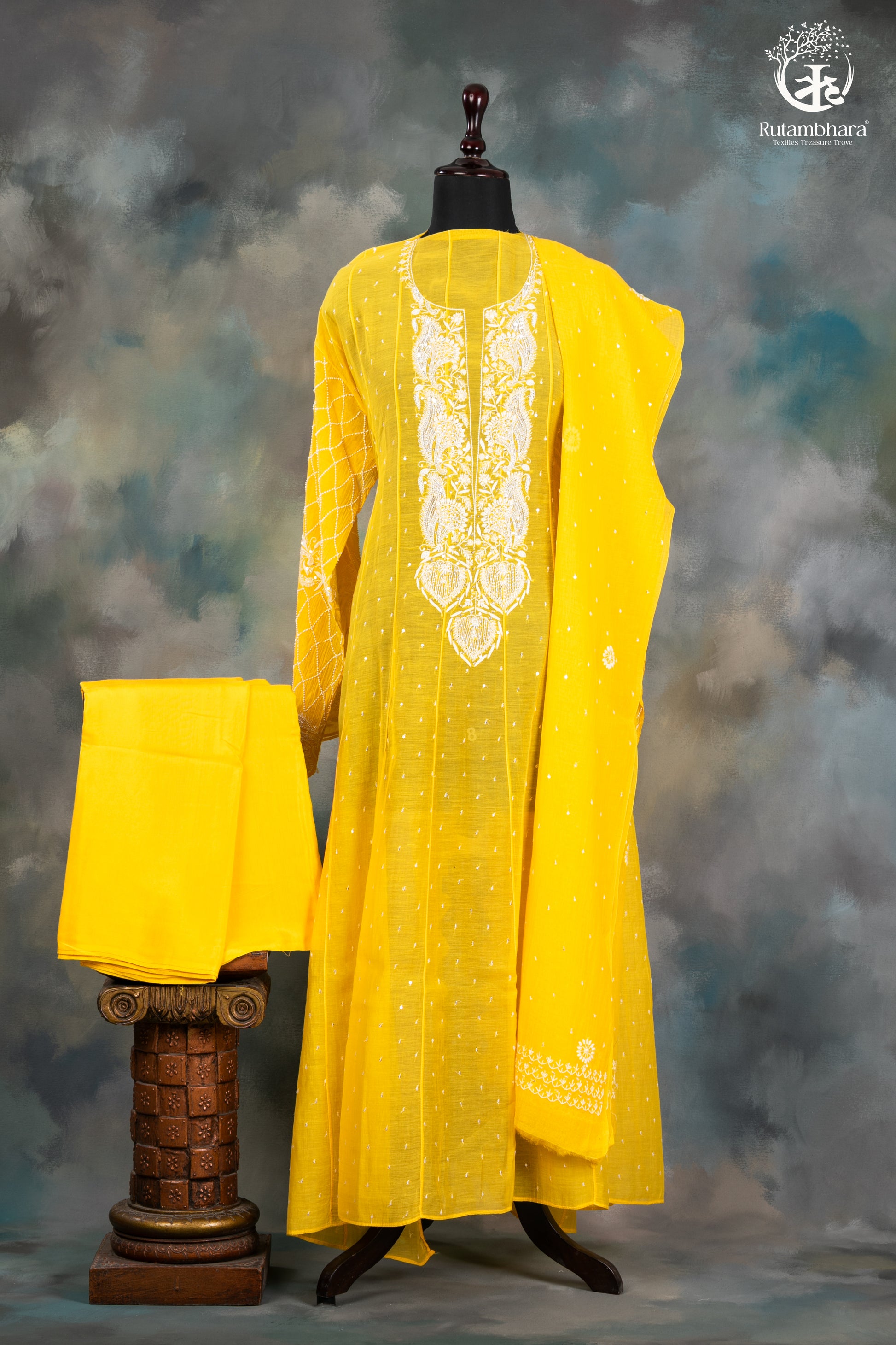 Sunshine Yellow Mul Chanderi Lucknowi Suit Set-RUTAMBHARA -RUTAMBHARA