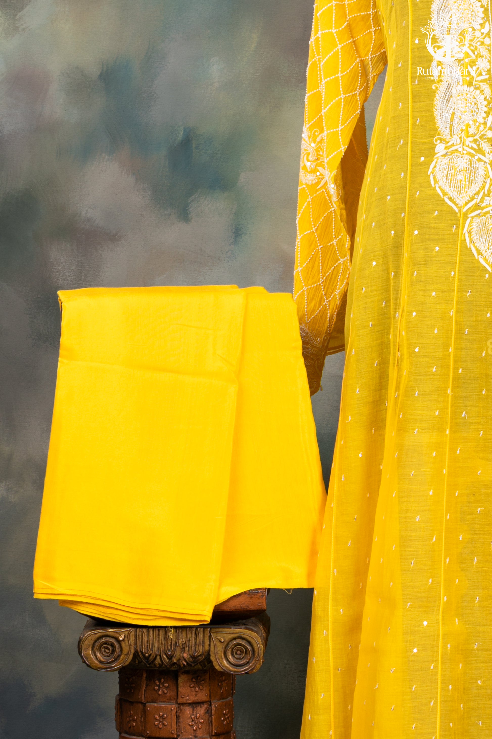Sunshine Yellow Mul Chanderi Lucknowi Suit Set-RUTAMBHARA -RUTAMBHARA