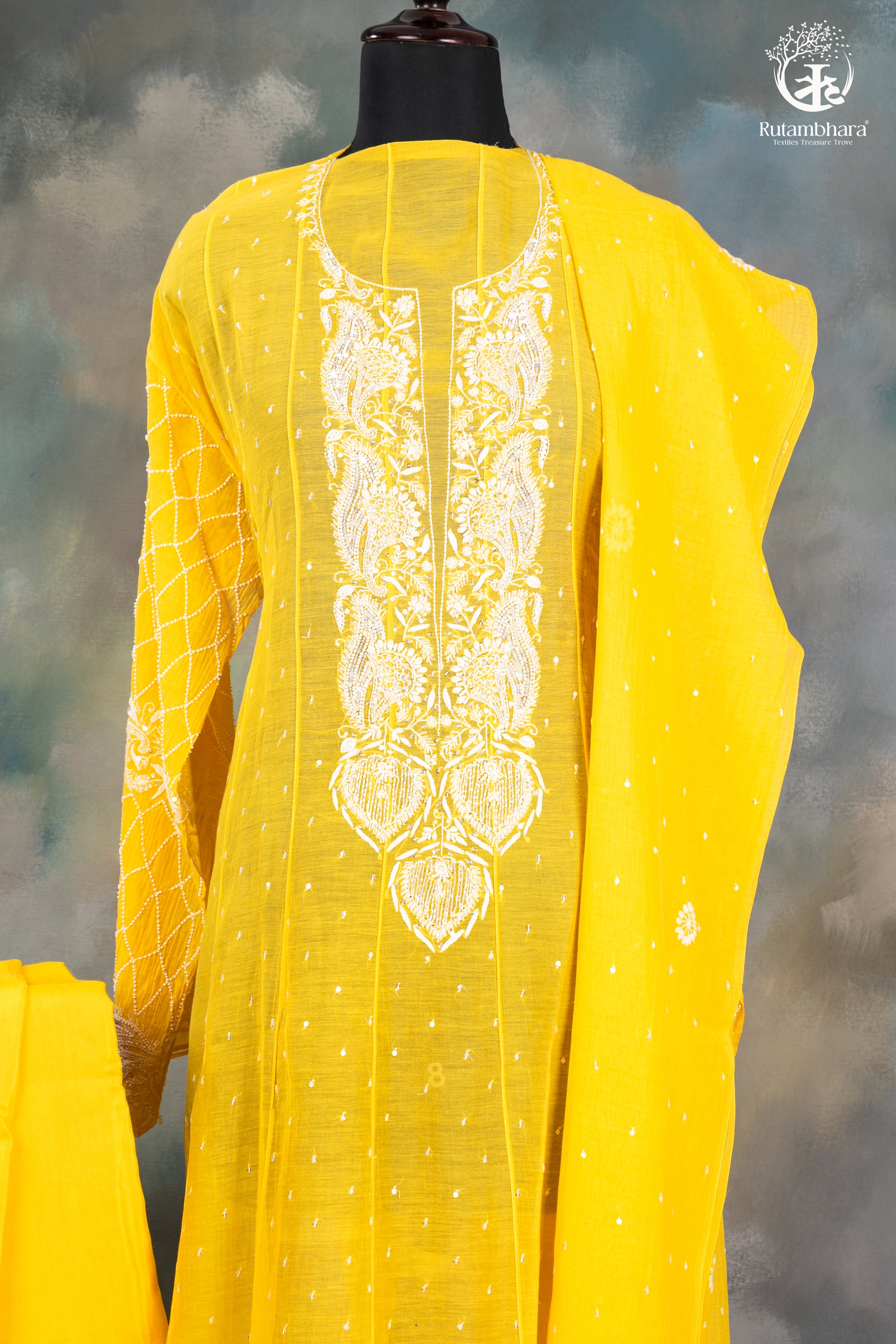 Sunshine Yellow Mul Chanderi Lucknowi Suit Set-RUTAMBHARA -RUTAMBHARA