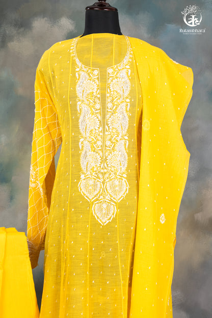 Sunshine Yellow Mul Chanderi Lucknowi Suit Set-RUTAMBHARA -RUTAMBHARA