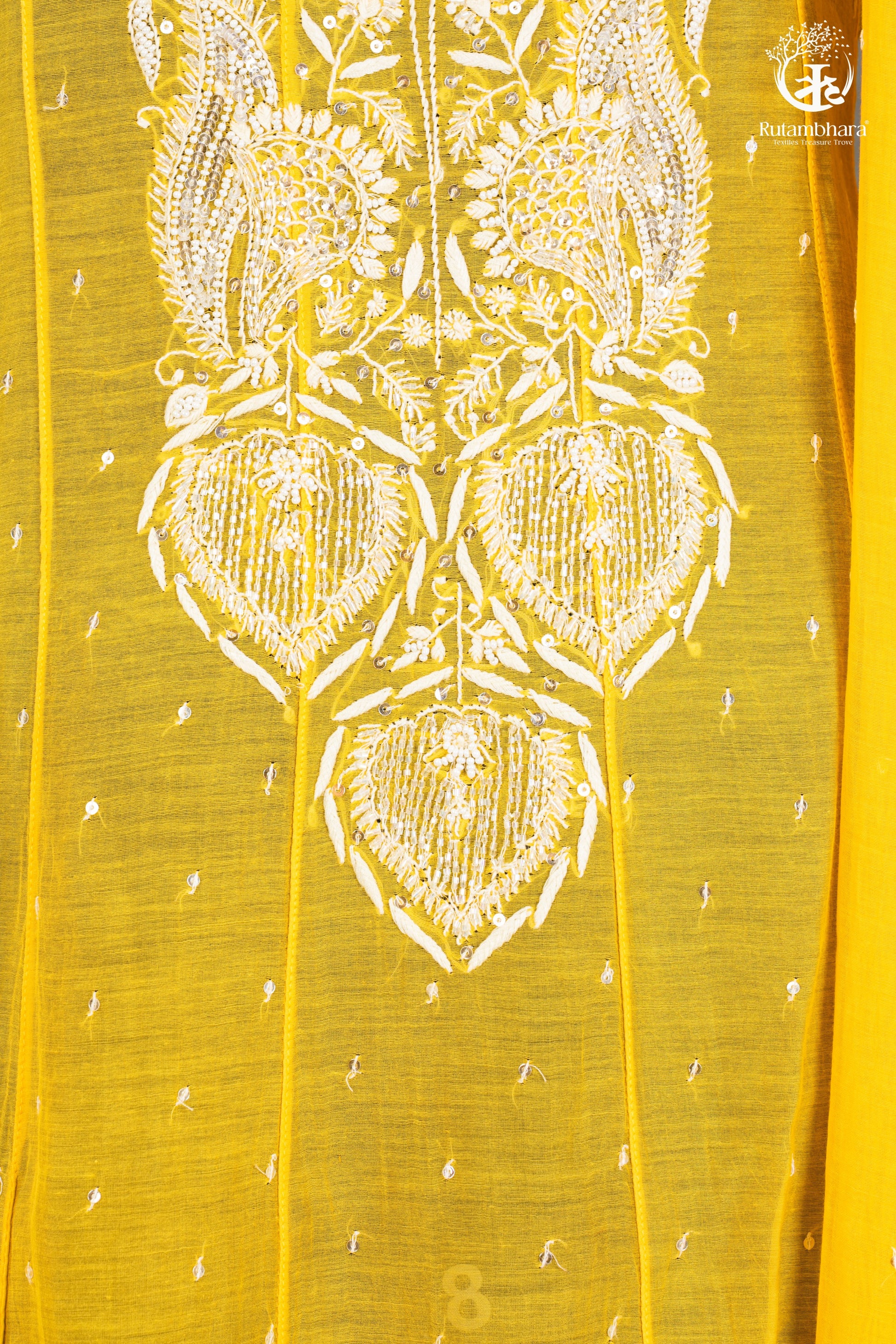 Sunshine Yellow Mul Chanderi Lucknowi Suit Set-RUTAMBHARA -RUTAMBHARA