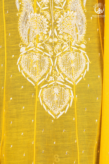 Sunshine Yellow Mul Chanderi Lucknowi Suit Set-RUTAMBHARA -RUTAMBHARA