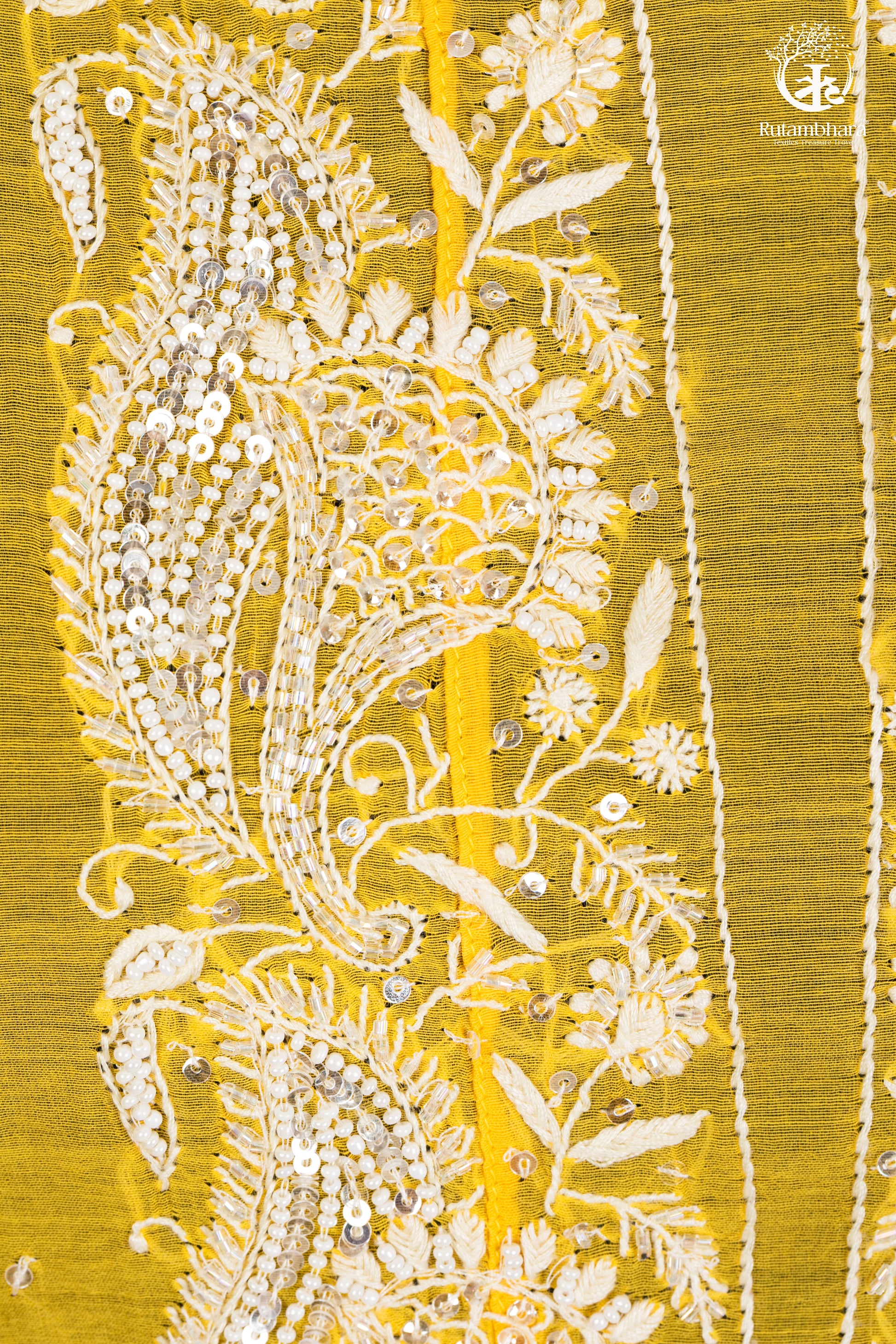 Sunshine Yellow Mul Chanderi Lucknowi Suit Set-RUTAMBHARA -RUTAMBHARA