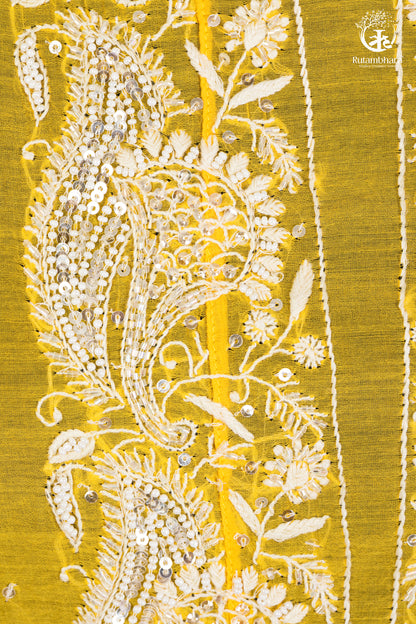 Sunshine Yellow Mul Chanderi Lucknowi Suit Set-RUTAMBHARA -RUTAMBHARA