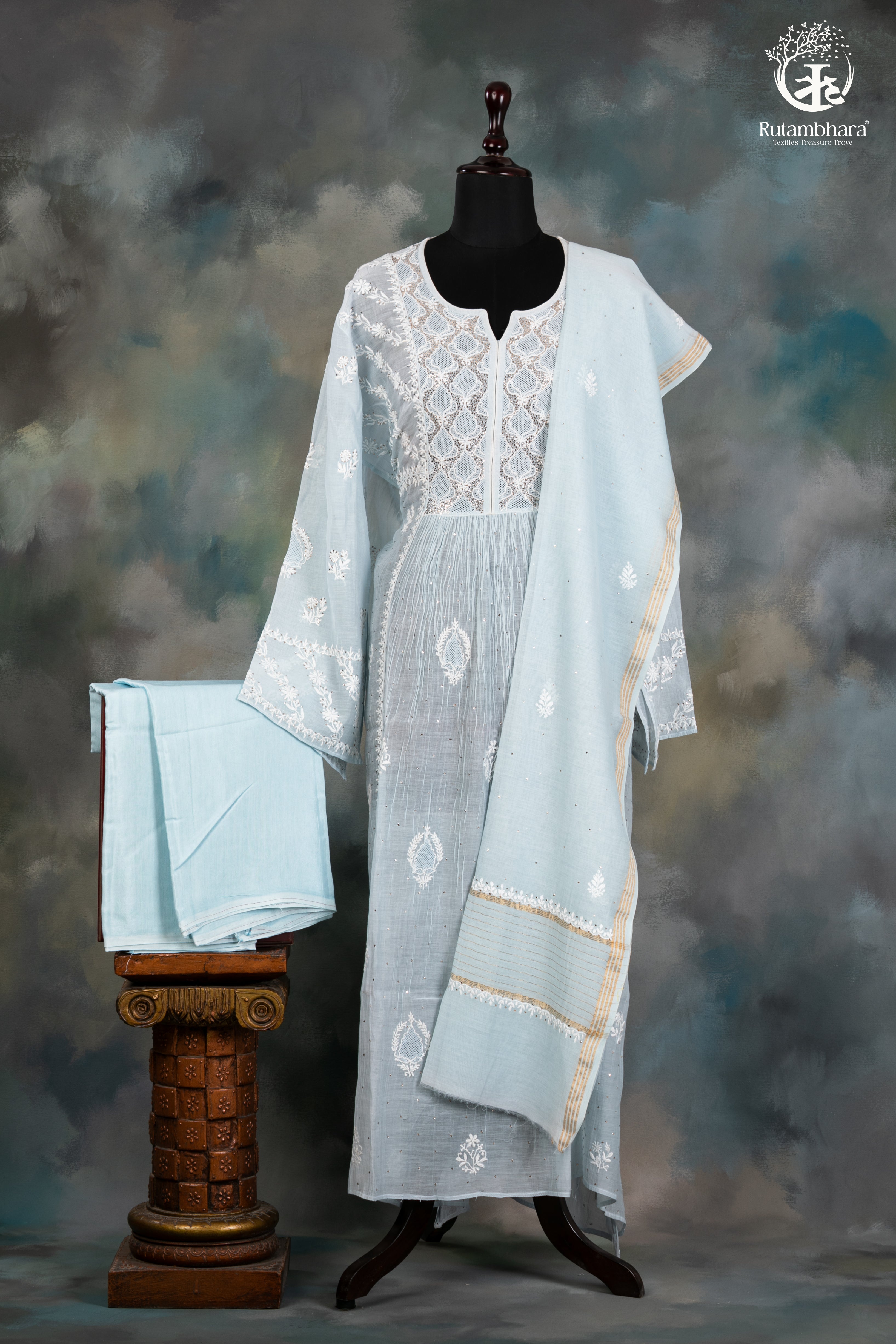 Pastel Blue Mul Chanderi Lucknowi Suit with Hand Embroidered