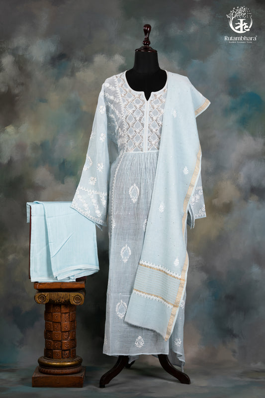 Pastel Blue Mul Chanderi Lucknowi Suit with Hand Embroidered