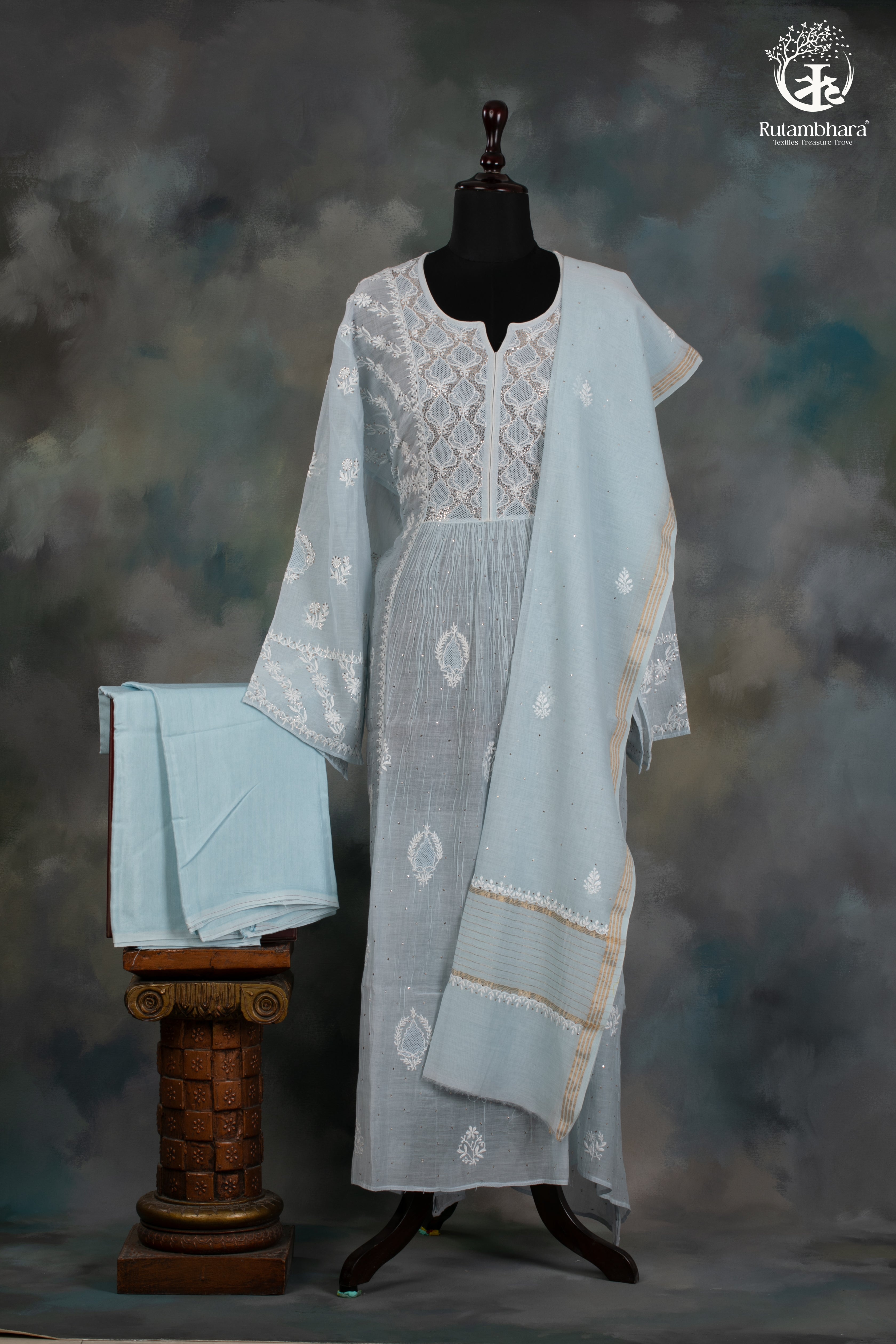 Pastel Blue Mul Chanderi Lucknowi Suit with Hand Embroidered