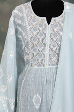 Pastel Blue Mul Chanderi Lucknowi Suit with Hand Embroidered-RUTAMBHARA -RUTAMBHARA