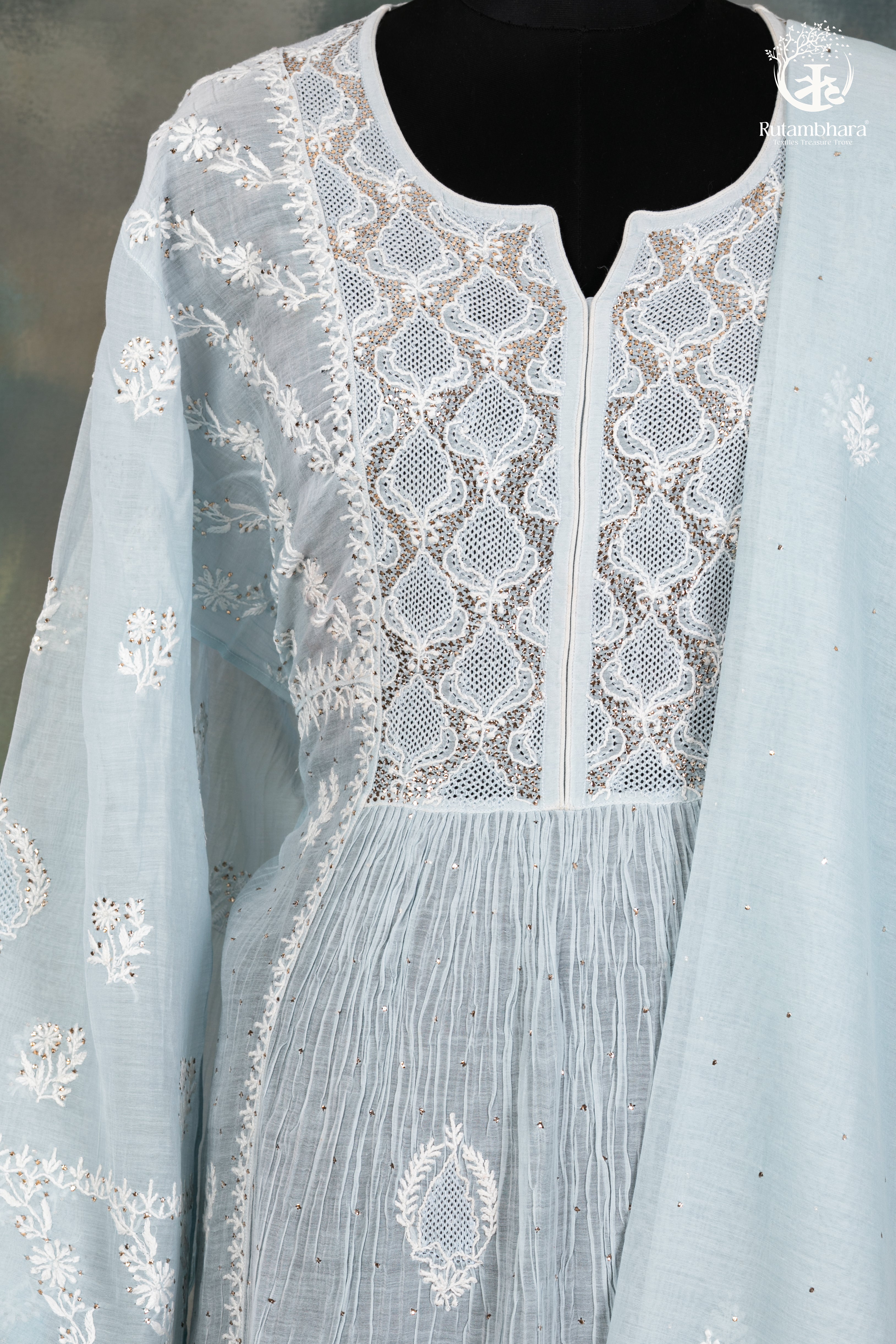 Pastel Blue Mul Chanderi Lucknowi Suit with Hand Embroidered